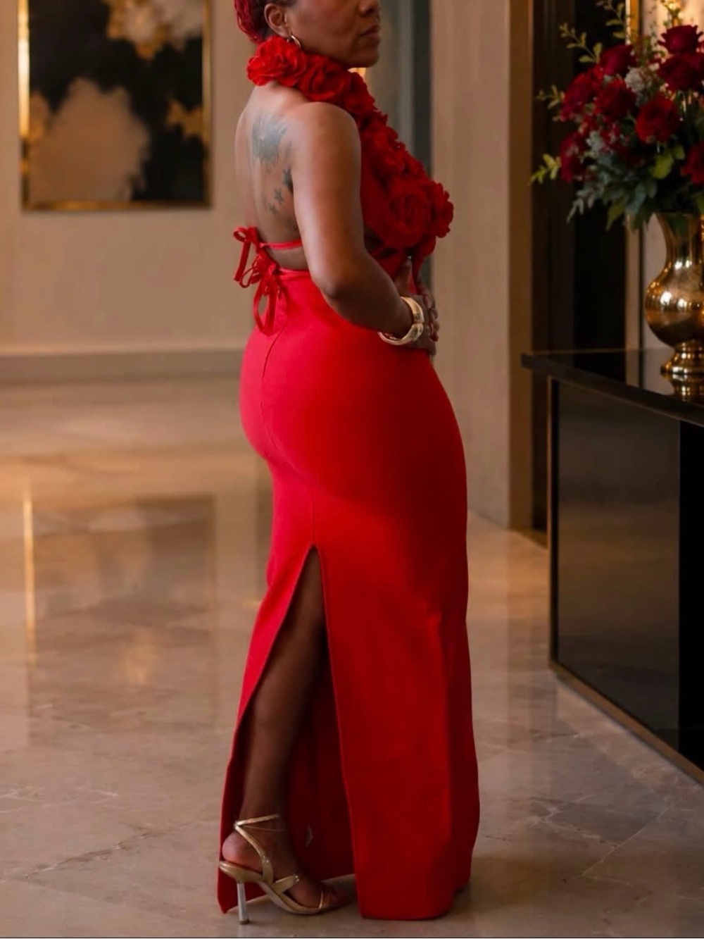 Backless Red Halter Maxi Dress with Floral Neckline